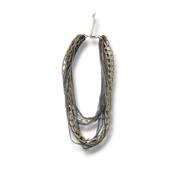 Tri-Color Gold/Silver Tone Chunky Multi-Chain Layered Statement Necklace - Picture 2 of 8